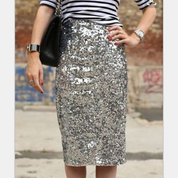 

club new fashion women silvery sequins skirts intellectual elegance lady girls paillette pencil skirt 2018 newest, Black