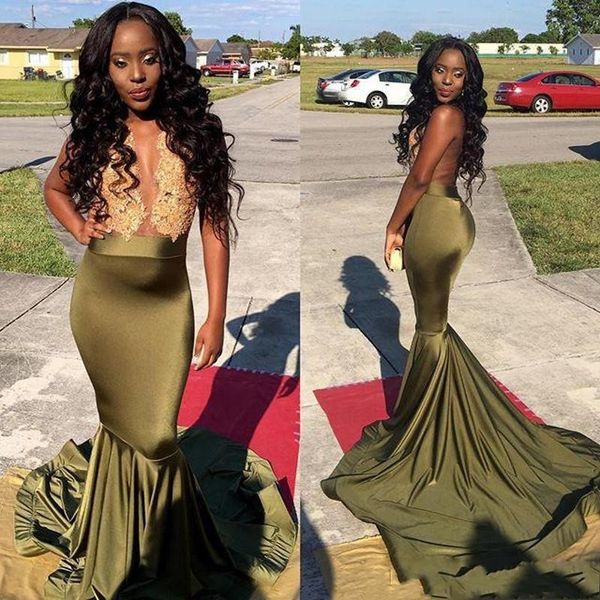 

silk like satin sweep train open back lace appliqued olive green mermaid evening dresses black girls robe courte de soiree, Black;red