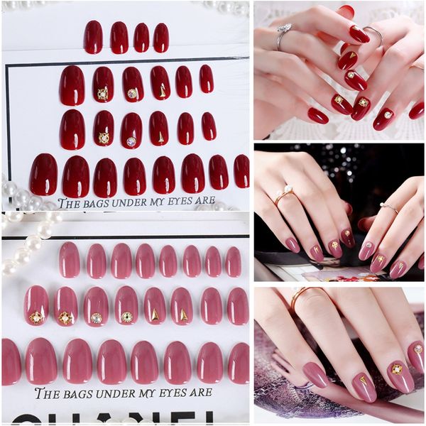 

24pcs full false nails short fake fingernail tips press on artificial nail tips+2pcs glue, Red;gold