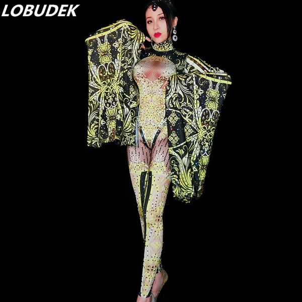 

big sleeves jumpsuits rhinestones outfit female costumes performance show leotard singer dance nightclub stage bar star, Black;white