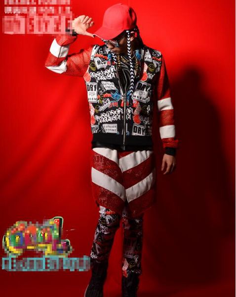 

new men's fashion boutique personality anchor bar singer stage costumes dance clothing grid splicing hip-hop baseball uniform coat m, Black;red