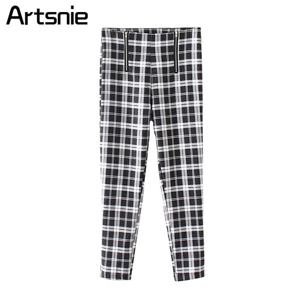 

artsnie black plaid casual pencil pants women spring 2018 high waist zipper elegant skinny legging ladies pants femme, Black;white