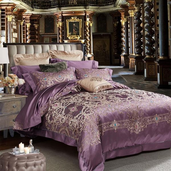 New Luxury Mulberry Silk Comforter Set King Size 80s Purple Flower Beddengoed Bed Sheet Wedding Couple Home Textile Beds Sets