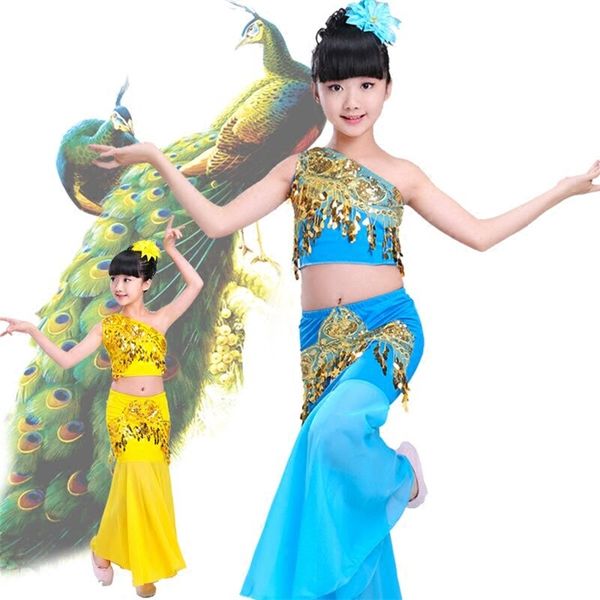 

new dai costume female child self-cultivation thailand xishuangbanna traditional peacock fish tail skirt dance costume, Black;red