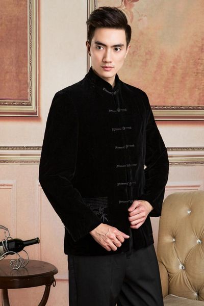 

traditional chinese for men black velvet jackets mandarin collar single-breased embroidery chinese men tang suit, Red