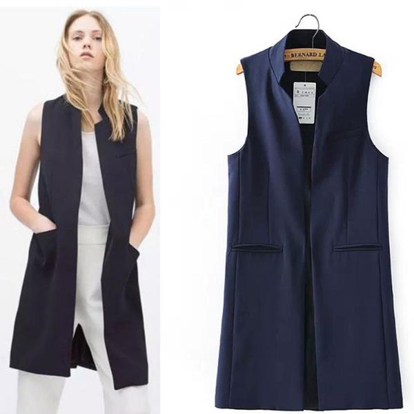 Damen-Mantelkragen, vorne offen, lange Weste, Weste, Strickjacke, Blazer, ärmellose Jacke, Outfit, lange Business-Anzugweste für Damen