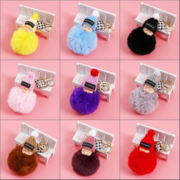 

sleeping baby doll keychain pompom rabbit fur ball key chain car keyring women key holder bag pendant, Silver