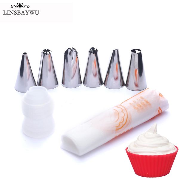 

linsbaywu 10pc/set decorating tools 3pc disposable icing piping cream pastry bag +6 stainless steel nozzle tips+ cake converter