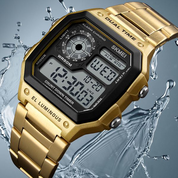 

men's fashion business sports watches waterproof stainless steel led digital wrist watch clock relogio masculino erkek kol saati, Slivery;brown