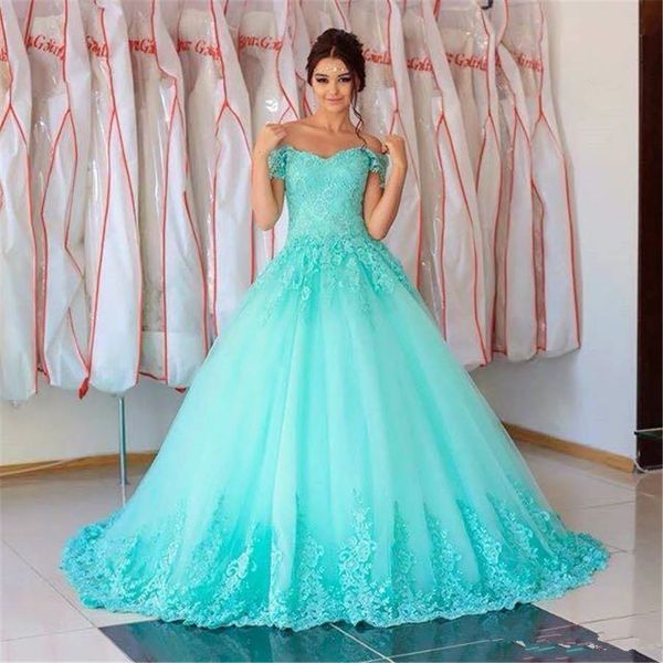 

новый великолепный бирюзовый quinceanera бальное платье платья с плеча кружева аппликации сладкий 16 развертки поезд плюс размер партии пром, Blue;red