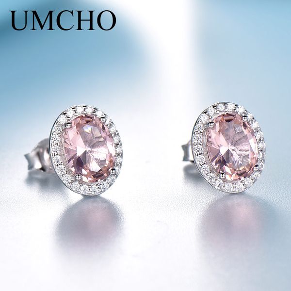 

umcho 925 sterling silver jewelry created oval pink sapphire stud earrings for lover anniversary romantic gifts fine jewelry, Golden;silver