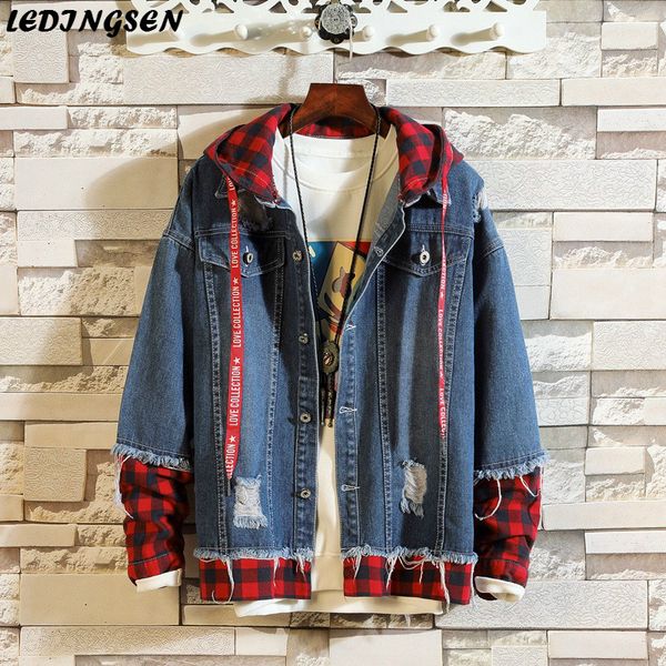 

ledingsen blue denim jacket men 2018 autumn slim fit hooded ripped jean jacket coat hip hop streetwear patchwork outfit size 3xl, Black;brown