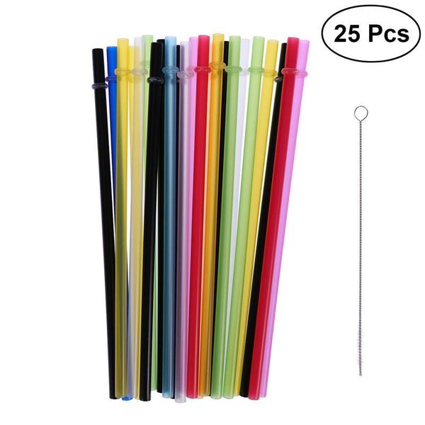 

25pcs pure color reusable plastic thick drinking straws two colors threaded straw for party home use with brush (mixed colors