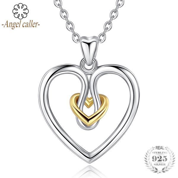 

angel caller real 925 sterling silver & gold color united in love heart pendant necklaces for women lady original jewelry gift