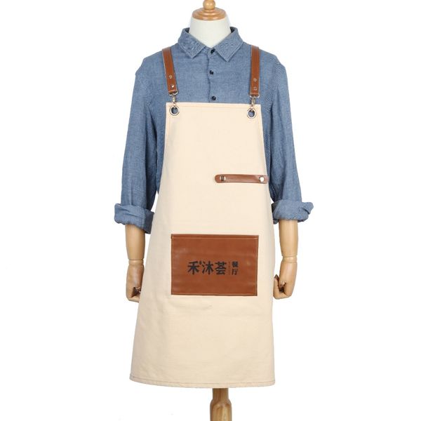 

2018 bbq denim cowboy apron bbq senior bib leather strap shoulders apron for women men kitchen barber cooking custom print logo