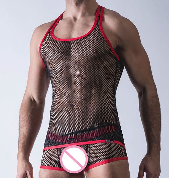 

fashion men or women tank and boxer set big mesh h shape back vest underskirt and underwear set homewear, Black;brown