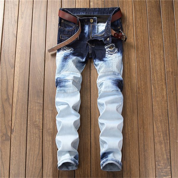 

europe and the united states new men's jeans hole sticker trim locomotive wrinkle small straight fold men's trousers, Blue