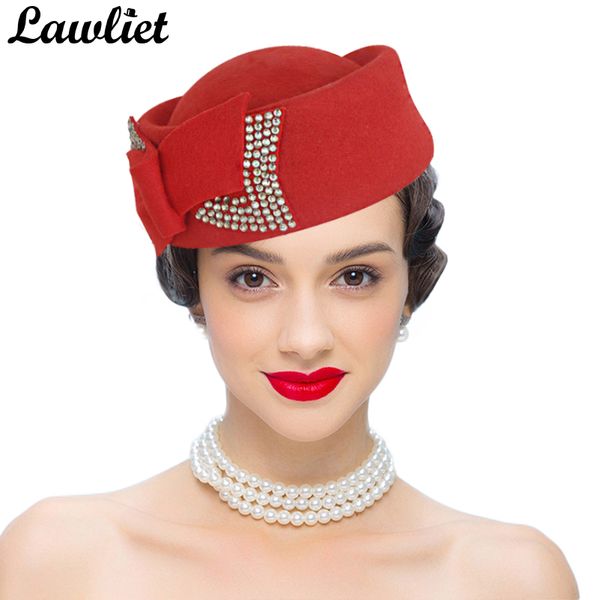 

women ladies pillbox hat teardrop bow rhinestone vintage gatsby style fascinator hats winter wool hats for cocktail race wedding, Blue;gray
