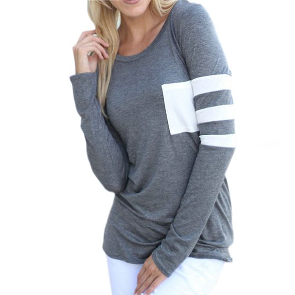 

pocket patchwork women simple tee shirt striped long sleeve casual shirts 2018 new female o-neck basic blouses blusas gv257, White