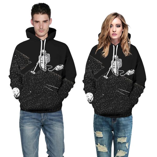

funny fashion hoodies men /women 3d sweatshirts print astronaut vacuum cleaner thin hooded hoodies couple lovely hoody, Black