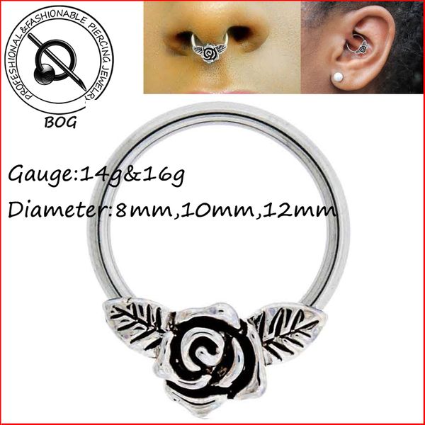 

bog-1 piece rose flower captive bead ring for septum ear cartilage nippple helix piercing jewelry 14g 16g, Slivery;golden