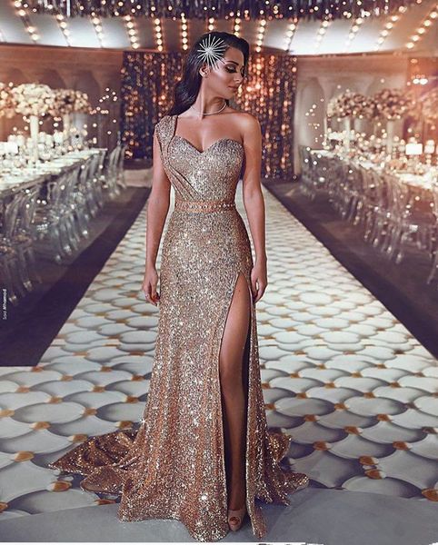 

luxurious 2019 arabic split bling bling evening dresses one shoulder beaded crystals sequins prom dresses sparkly formal party gowns, Black;red