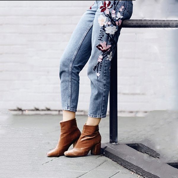 

women boyfriend demin pants flower embroidery jeans ankle-length skinny denim pants casual high waist straight jeans plus size, Blue