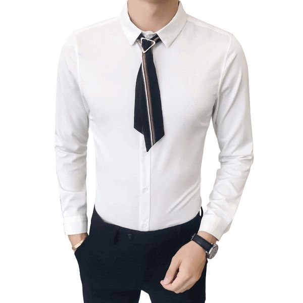 

brand designer dress shirts men fashion 2018 autumn new slim fit male shirt simple long sleeve solid tie decor groom shirts 5xl, White;black