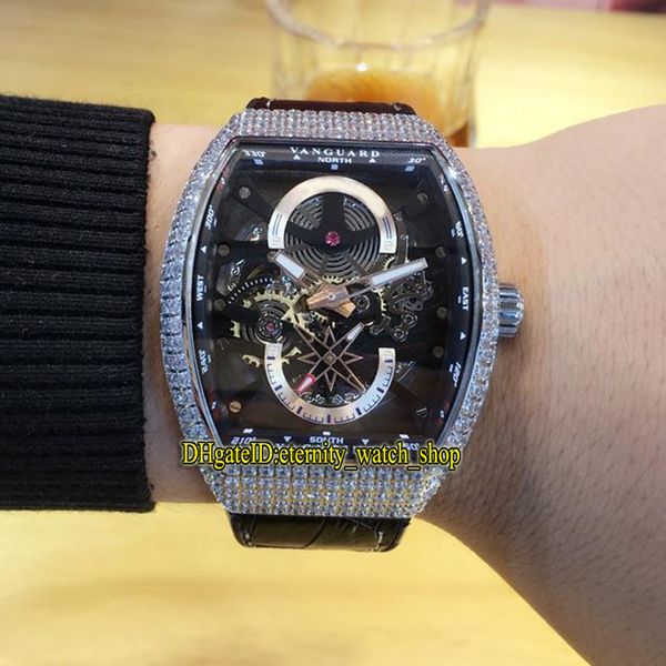 Высокое качество Люкбри Мужская коллекция Vanguard V 45 S6 SQT NR BR (NR) Скелетные циферблаты Автоматические мужские часы Silvery Diamonds Case Кожаный ремешок