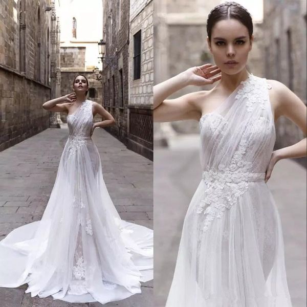 

one shoulder wedding dresses 2019 new modern design appliques lace tulle a line sweep train fashionable bridal gowns custom size, White