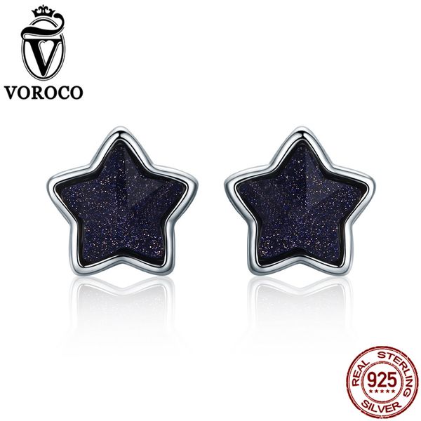 

voroco 2017 pure 925 sterling silver star sky aventurine blue goldstone energy lucky stud earrings for women fine jewelry vse057, Golden;silver