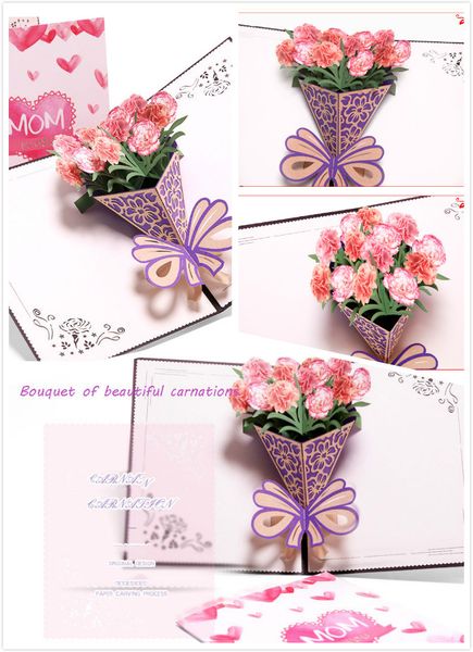 

2018 mother's day three-dimensional greeting card creative 3d carnation bouquet handmade gifts wishes small cards can be customized 20*