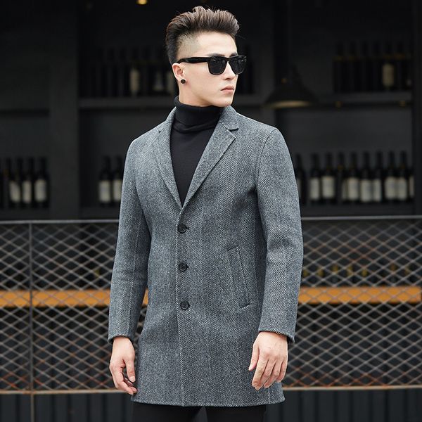 

2018 fashion woolen coats winter autumn men trench coat long slim fit overcoat jacket wind coats fashion outerwear, Black