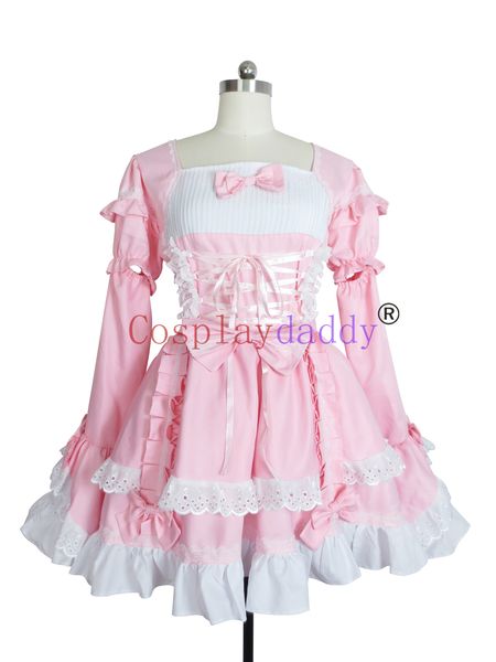 Angel Feather Lolita Bonzer Swallowtail Pink Maid Dress Cosplay Costume