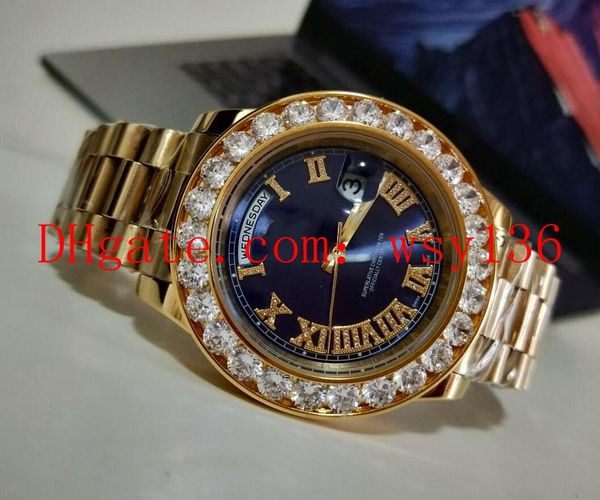 Luxo de Alta Qualidade Dia-Date 2 II 228235 Presidente 18 k Ouro Amarelo 41mm Grande Diamante Azul Roman Dial Movimento Mecânico Automático Mens Watch