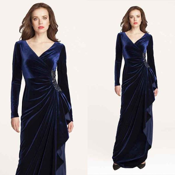 Long Sleeves Velvet Mother Of The Bride Dresses With Beaded Sash Ruched ...