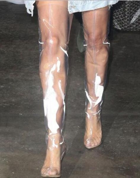 2018 Ladies Hot Peep toe diafano PVC stivali alti coscia Zoccoli trasparenti tacchi alti sopra il ginocchio Botas Women zip stivali lunghi Lucency