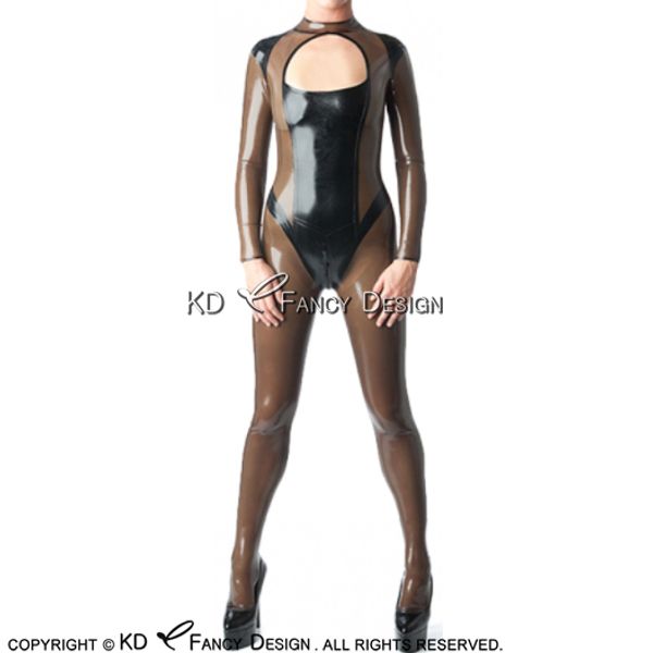 

black with transparent brown latex catsuit with long sleeves front open rubber bodysuit zentai overall body suit lty-0229