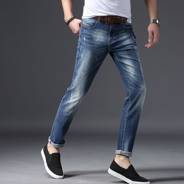

men jeans stretch skinny washed retro men denim jeans spring autumn slim casual pleated vintage straight solid, Blue