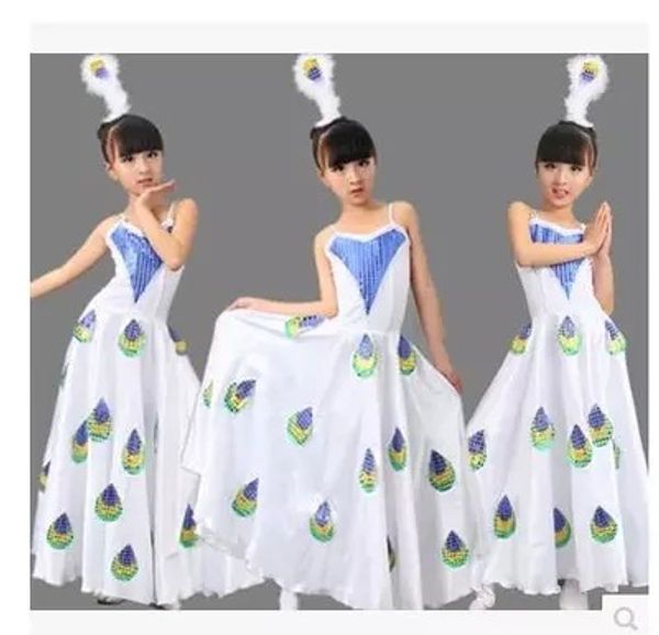 

new sequined children's dance clothes peacock dance big expansion skirt modern classical dance performance wear clothes, Blue