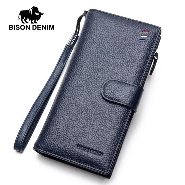 

bison denim brand genuine leather purse men long wallet cowskin male wallets zipper pocket large capacity male clutch n8206, Red;black