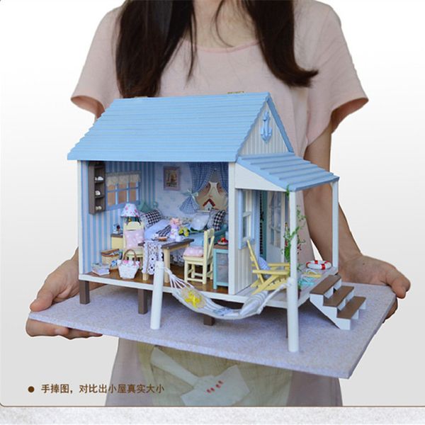 

brand diy 3d wooden doll house miniature with led+furniture beach villa tanabata valentine's day room for children lover