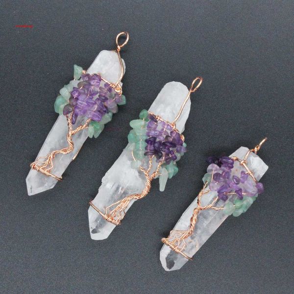 

Pendants Necklace Chain Life Tree White Crystal Quartz Natural Stone Hexagon Prism Magic Reiki Charms Wicca Witch Amulet Jewelry