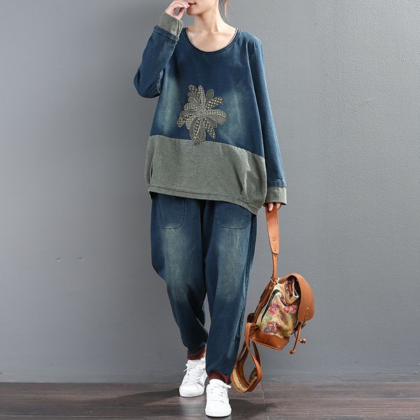 

ewq]new autumn 2018 fashion long sleeve round collar print t-shirt elastic waist full length pants loose denim set women aa612, Gray