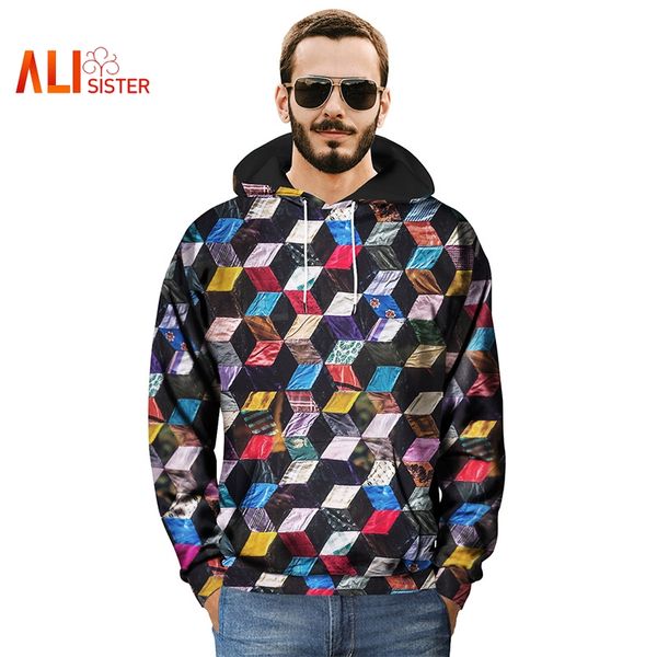 

3d square printed funny hoodies men casual loose pullover hooded sweatshirts 2018 homme clothing autumn winter tracksuit, Black