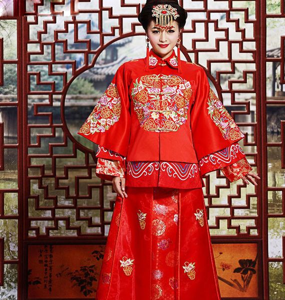 

summer evening dress costume guangdong embroidery vintage cheongsam high end show bride married suit chinese style formal dress, Red