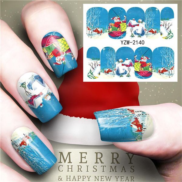 

1pc merry christmas tree nail sticker water decals nail glitter flower cat butterfly transfer art decoration accessorices, Black