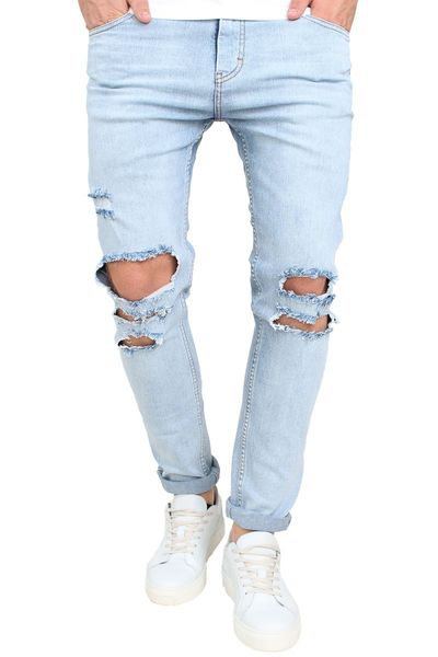 

summer men clothing knee holes jeans high street long skinny trousers male jeans, Blue