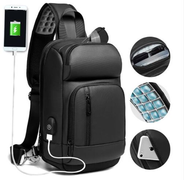 

black chest pack men casual shoulder crossbody bag usb charging chest bag water repellent travel messenger male