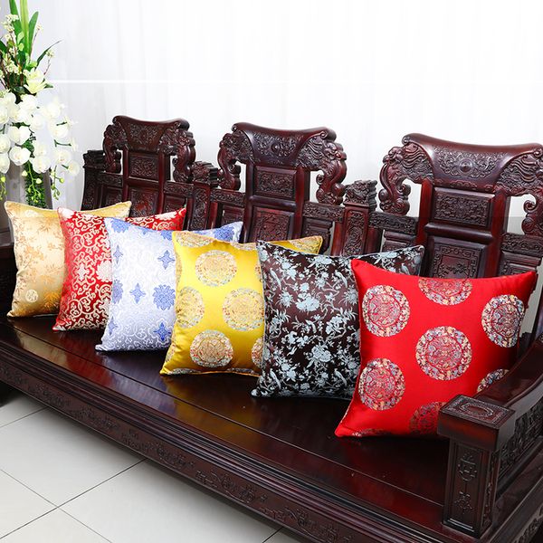 Grande Flor Retro Chinês Capa de Almofada De Seda De Natal Cadeira Do Sofá Do Carro Étnica Voltar Almofadas Home Decor Cetim lombar Travesseiro Cobre